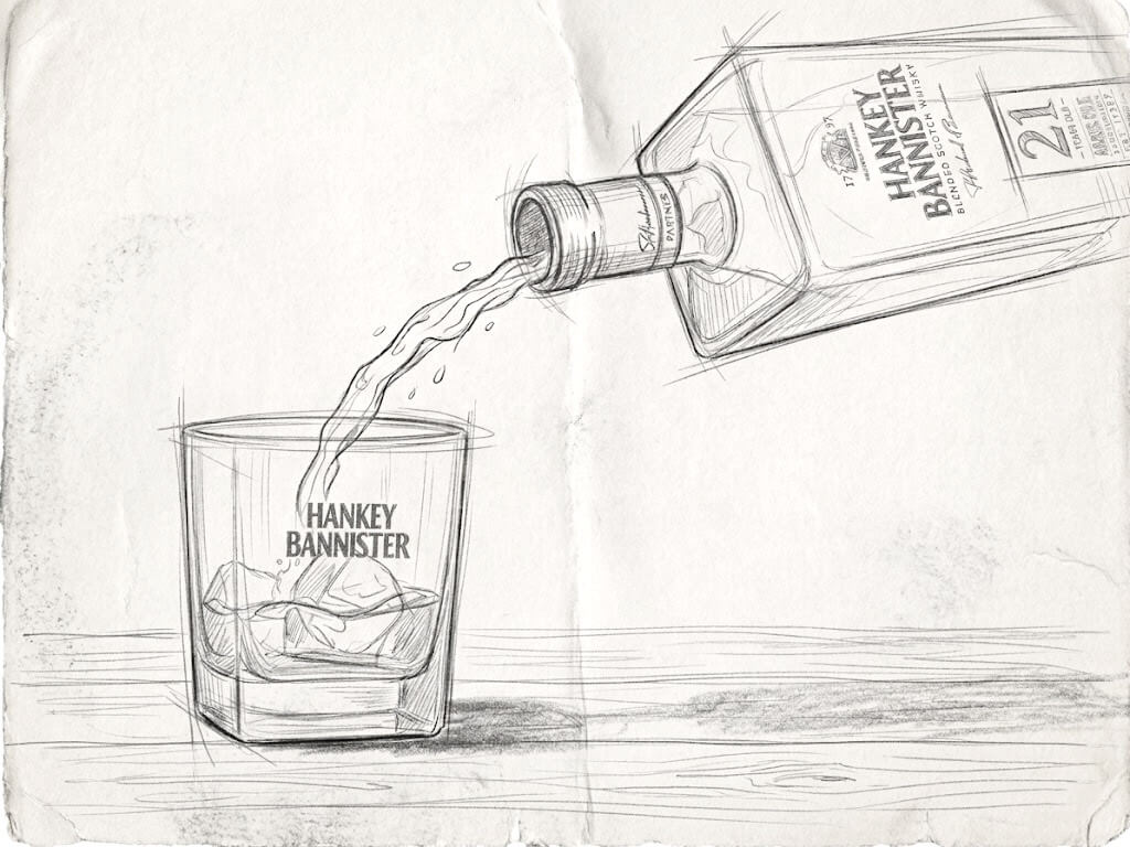 Whiskey CGI photography sketch — concept drawing for Hankey Bannister rendering