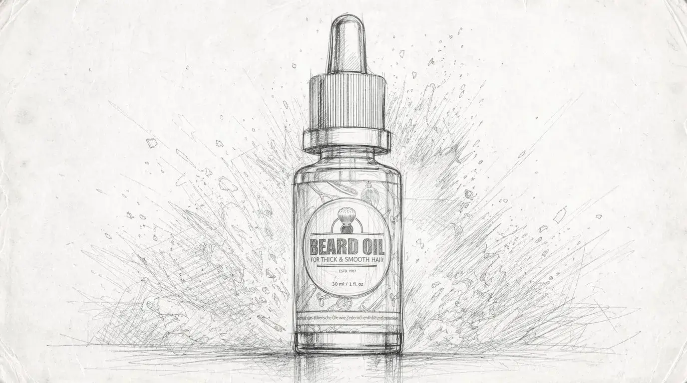 Beard oil CGI concept art — dark background with golden dust particles, rendered in Blender