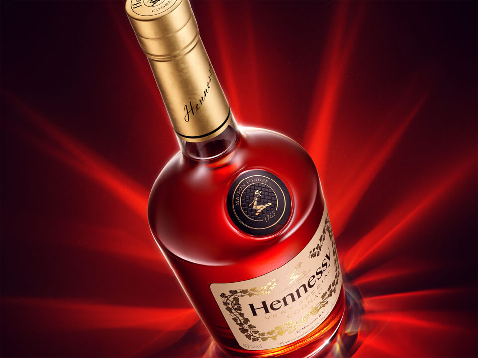 A hennessy cognac cg depiction with virtual CG photography by a design studio based in Berlin
