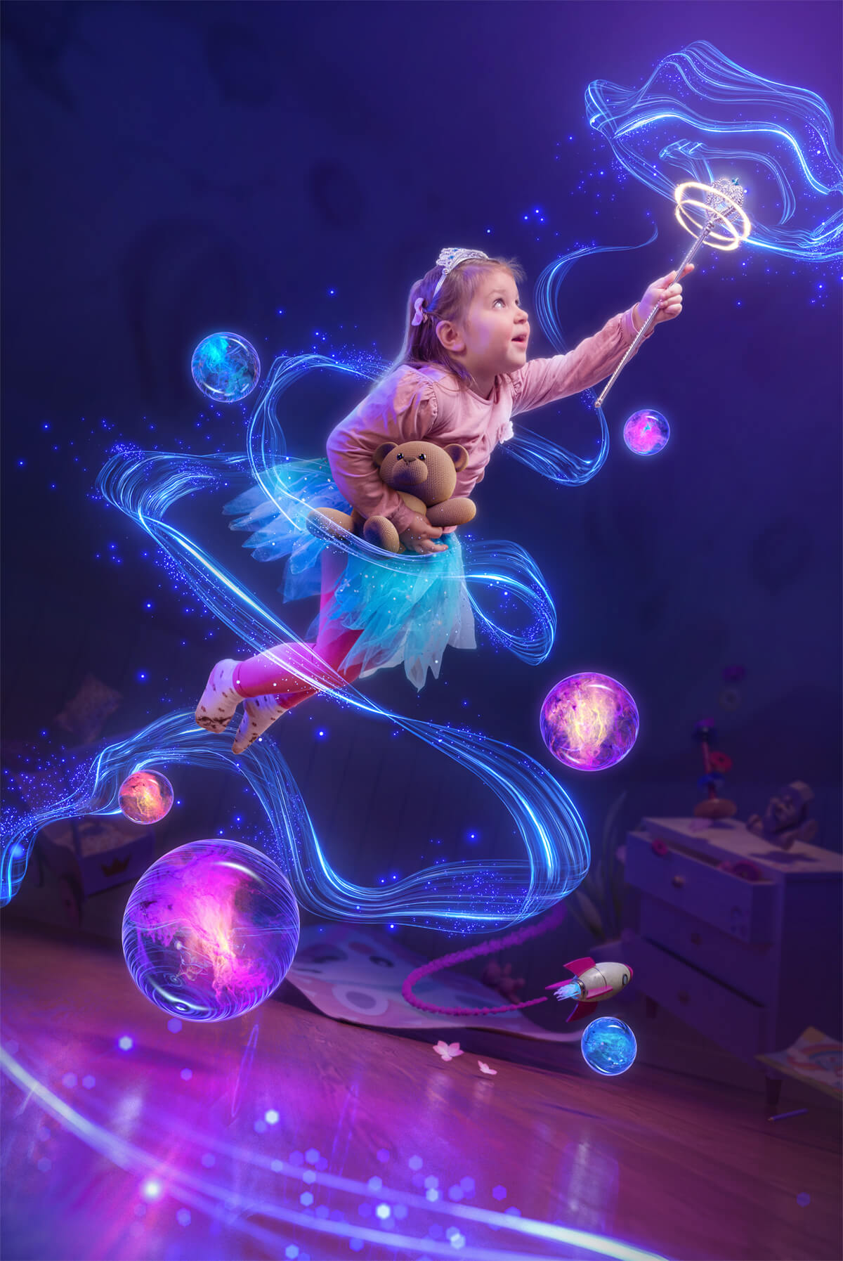 3D Artist Competition's final result of Lauktien.Studio. My daughter flying in a surreal room with a magic wand and magic effects. Made in Blender and Photography