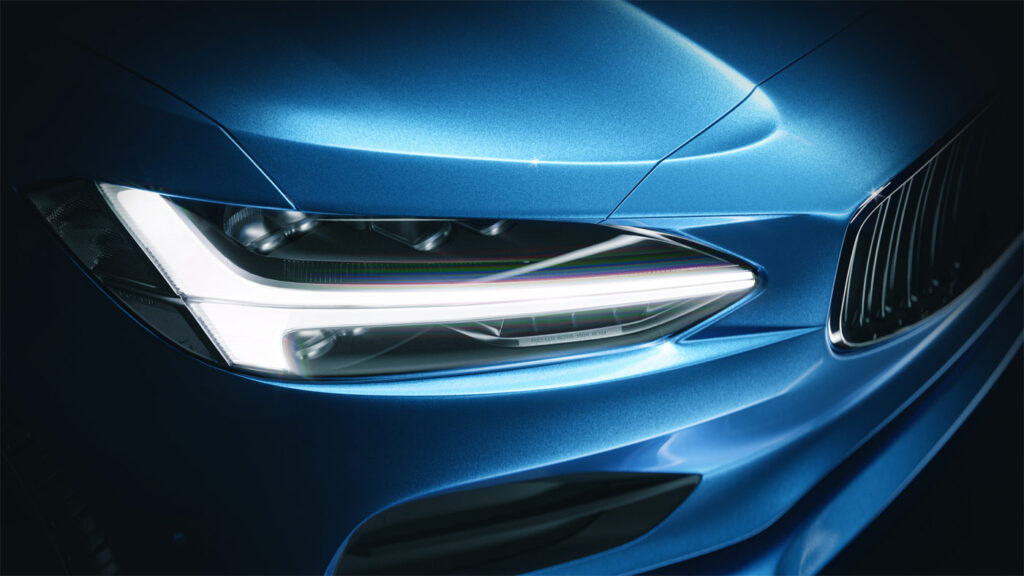 outstanding automotive 3d and cgi rendering of a volvo car. hyper realistic lighting on the headlights