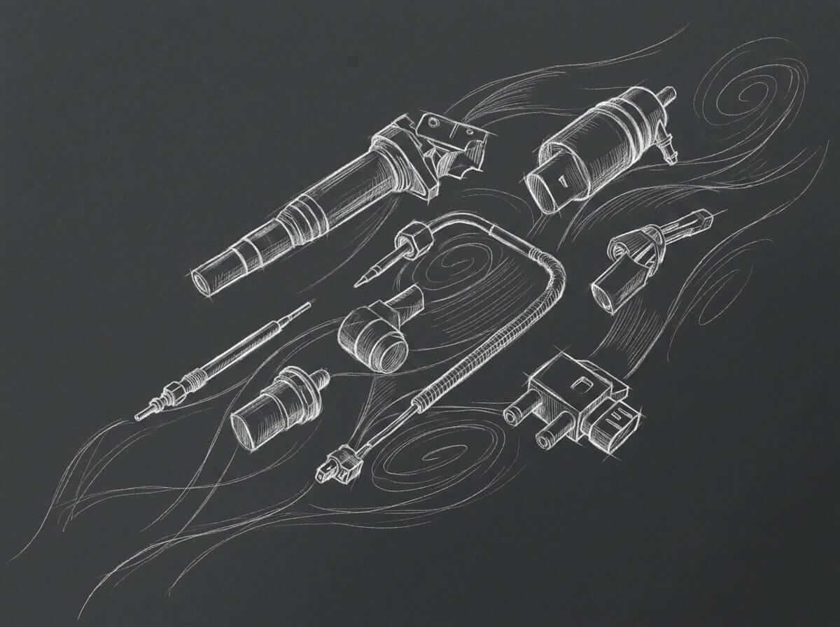 Concept sketch for the Meyle car parts key visual — layout showing part arrangement and electric-light effect placement