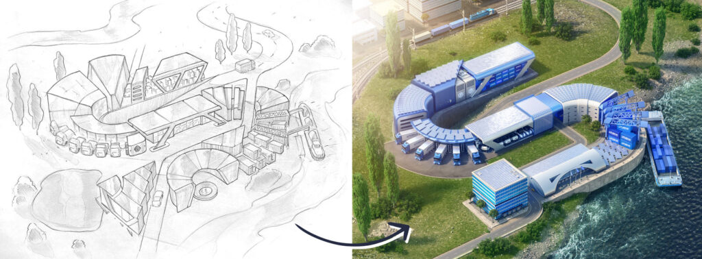 Concept Art from a raw scribble to the finalized key visual asset made in 3D / CGI. Showing the campaign process of a logistics company from start to finish