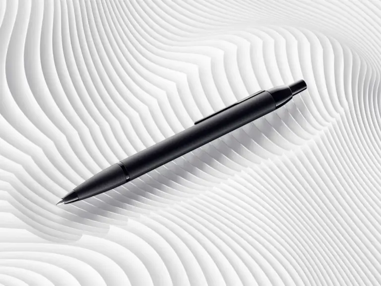 Office product CGI rendering — black pen on white parametric surface