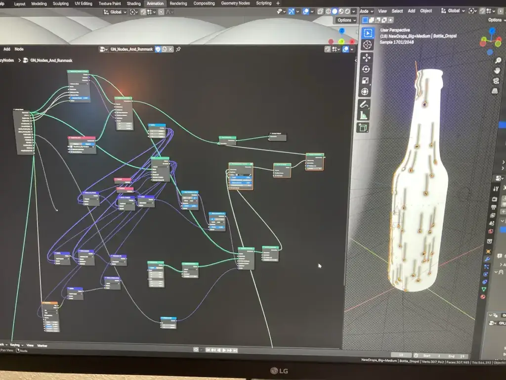 Blender 3D viewport showing bottle mesh with procedural water droplet geometry for condensation system