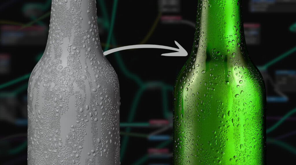 compare clay model in cgi and real render of a 3d beer glass with high end condensation