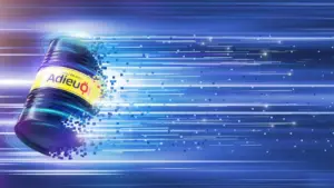 Oil barrel labelled AdieuÖl dissolving into digital pixels against blue speed lines — editorial artwork on the energy transition