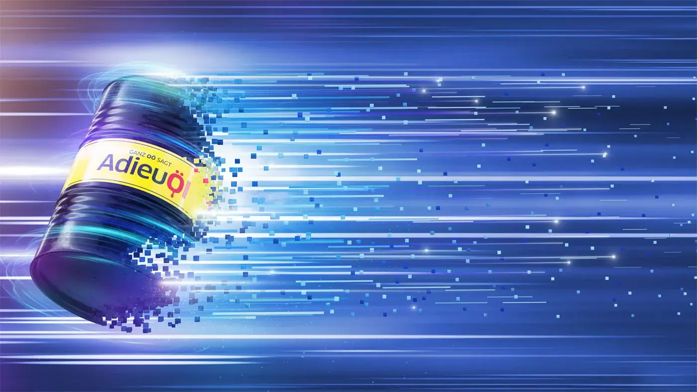 Oil barrel labelled AdieuÖl dissolving into digital pixels against blue speed lines — editorial artwork on the energy transition