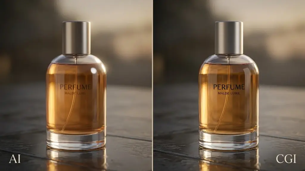 AI vs CGI advertising comparison: a perfume bottle rendered side by side, AI generated on the left and CGI on the right, on a wet ceramic surface
