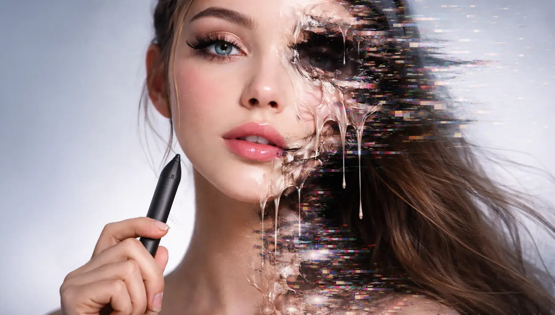 are retouchers dead? A digital Retoucher Model holding a wacom graphic pen, her right sides dissolves and dies. Lauktien.studio blog article