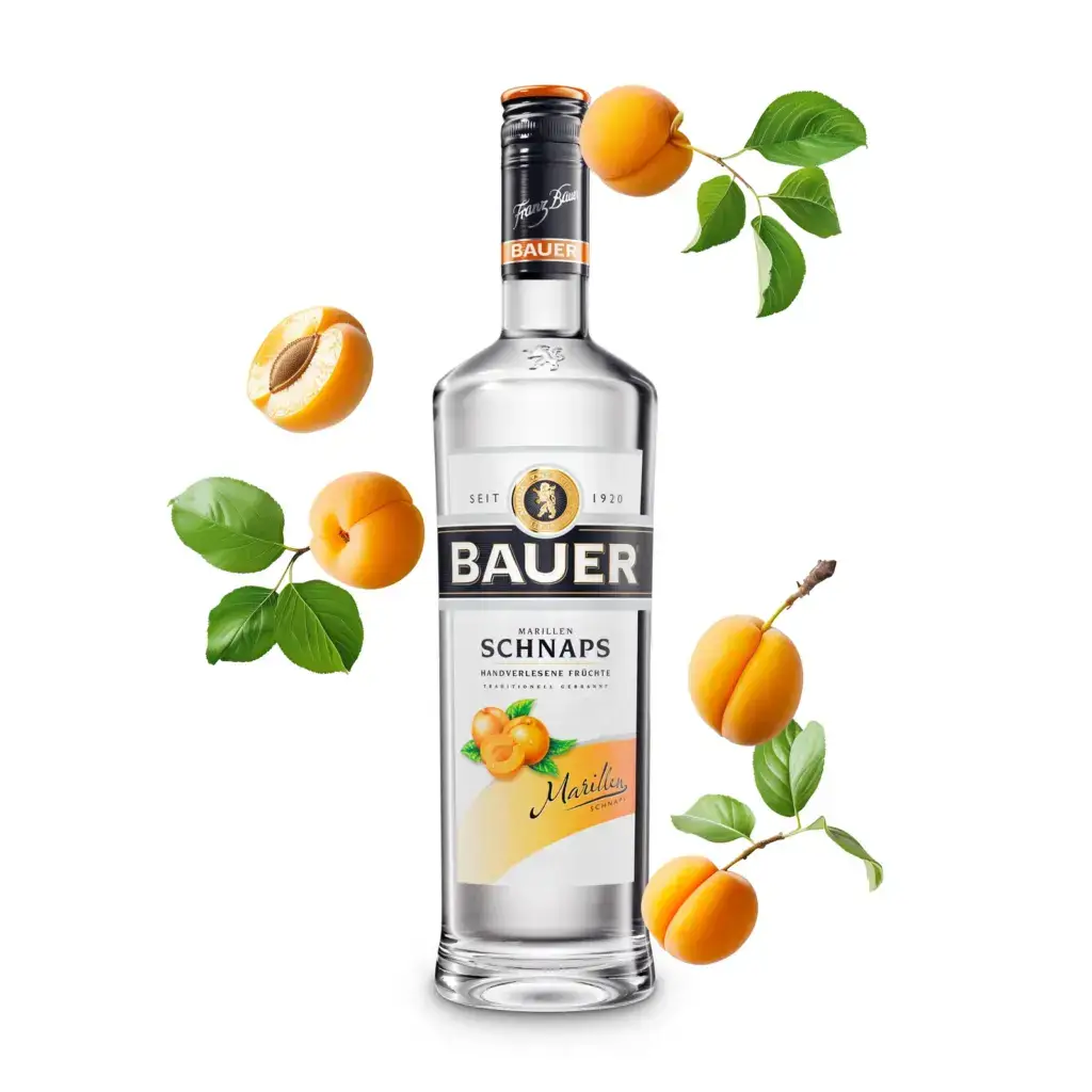 Bauer Marillen Schnaps bottle surrounded by fresh apricots — premium product 3D rendering on white background for Amazon listing