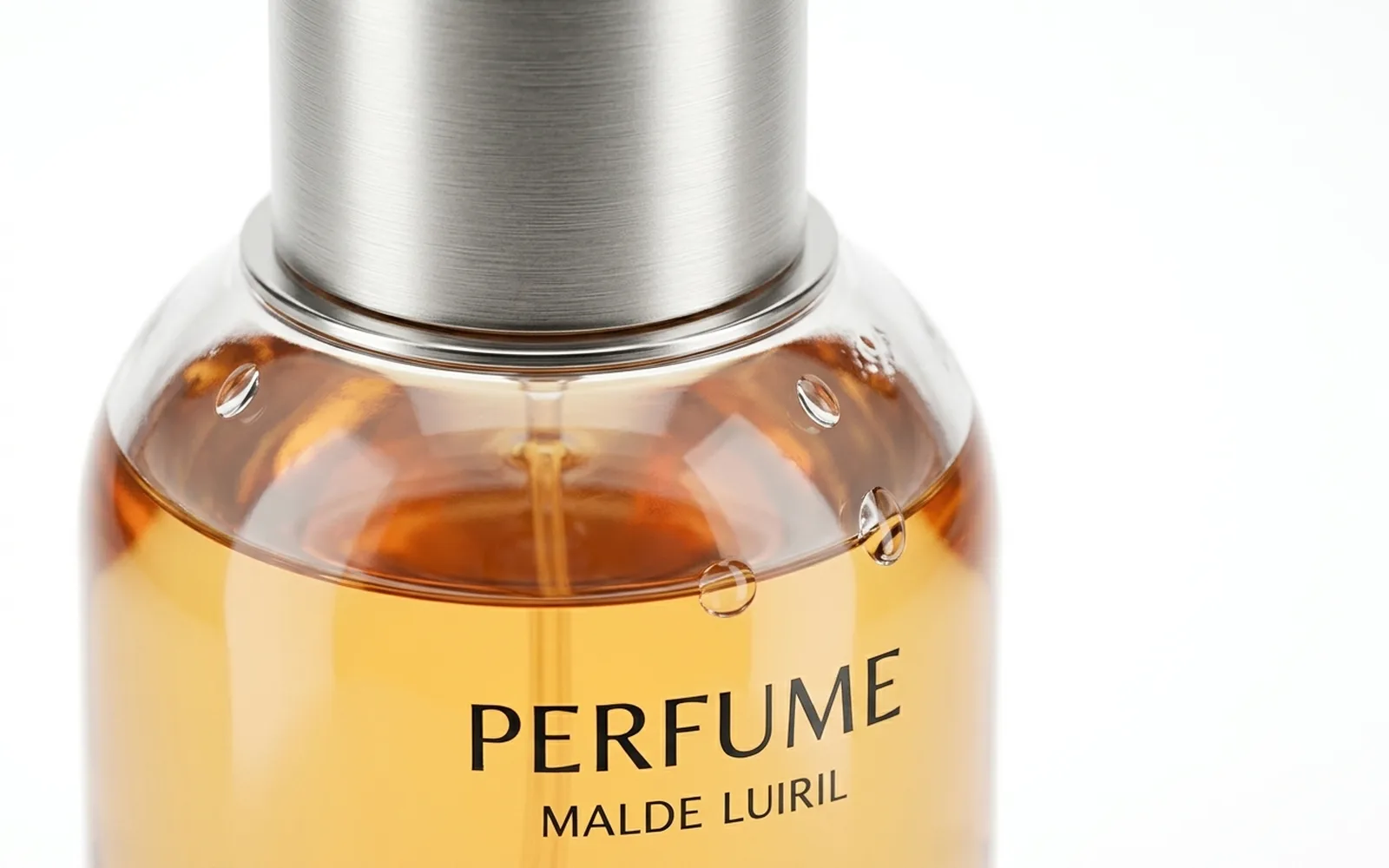 Extreme close-up of a CGI perfume bottle showing micro detail like condensation droplets, glass refractions and brushed aluminium cap texture that AI generators cannot replicate