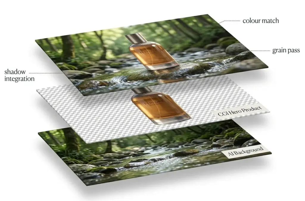 Hybrid workflow diagram showing how a CGI hero product is composited with an AI generated background and finished by professional retouching