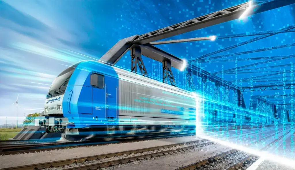 Blue logistics train with glowing digital data overlay and particle effects — compositing key visual for a technology campaign