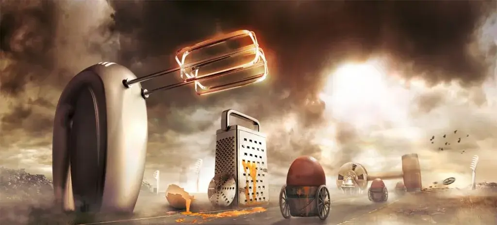 Egg's Nightmare creative compositing with dramatic perspective and retouching