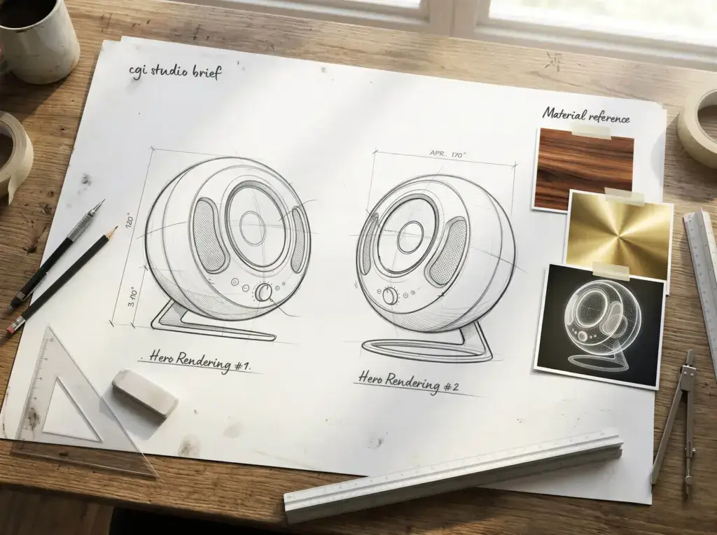 CGI studio brief on a wooden desk showing technical speaker drawings, material swatches in wood and brushed gold, and a product reference photo