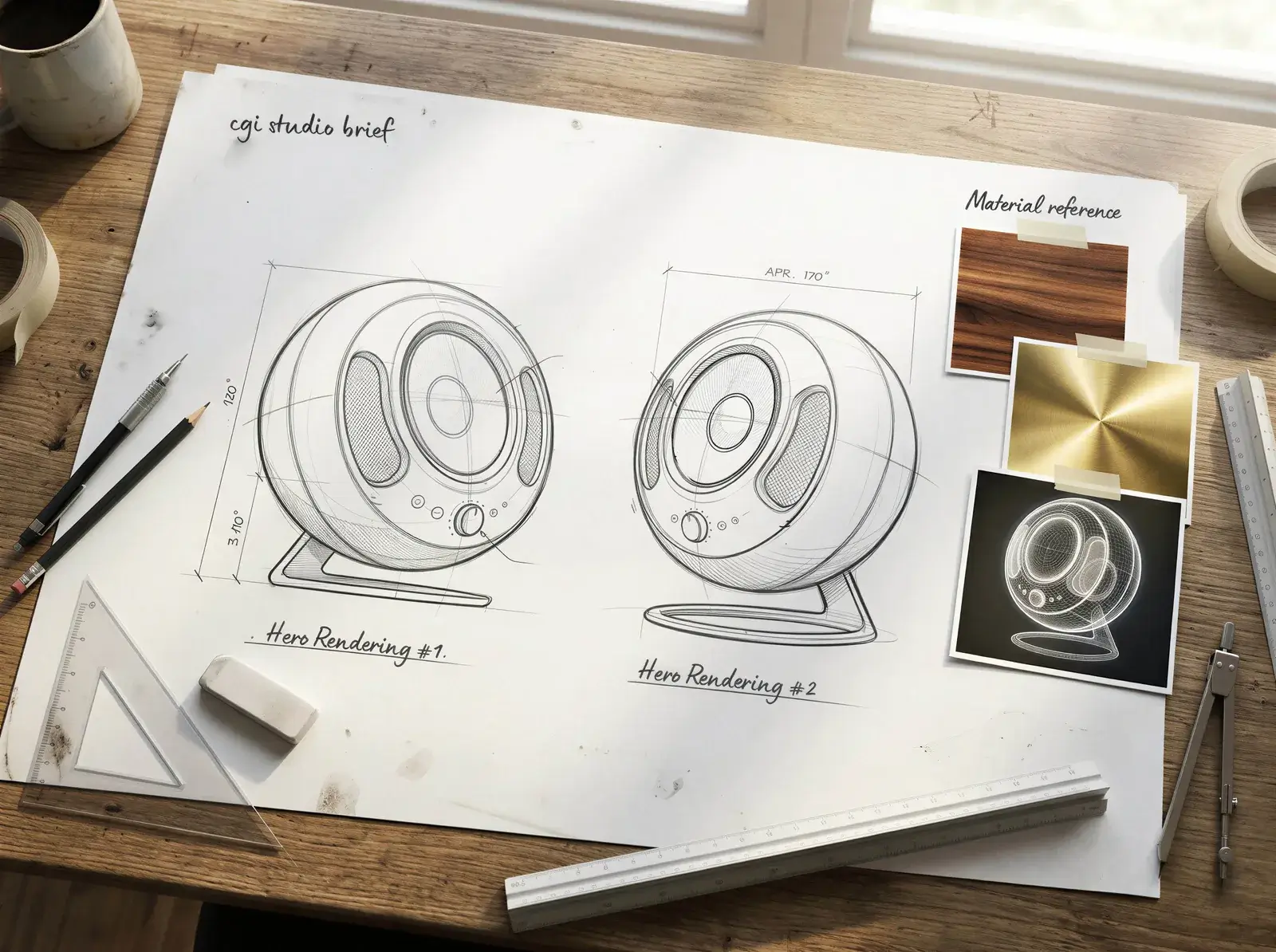 CGI studio brief on a wooden desk showing technical speaker drawings, material swatches in wood and brushed gold, and a product reference photo