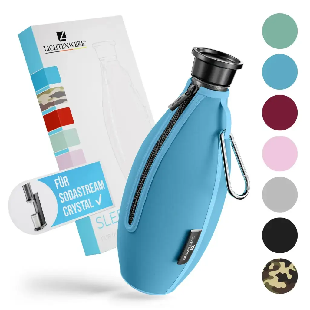 Lichtenwerk SodaStream Crystal neoprene bottle cover in blue with packaging box and 8 color variants — Amazon product main image
