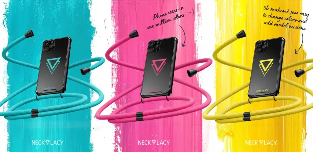 Necklacy phone cases in CGI — cyan, pink and yellow colour variants rendered from a single 3D model by Lauktien Studio