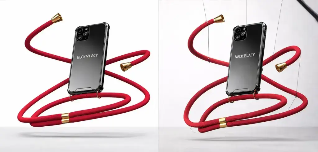 Necklacy cord phone case — CGI render vs studio photography side-by-side comparison by Lauktien Studio