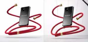 Necklacy cord phone case — CGI render vs studio photography side-by-side comparison by Lauktien Studio