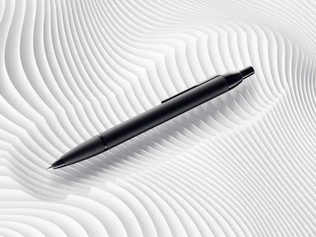 Black ballpoint pen resting on a white undulating wave surface — clean 3D product visualization