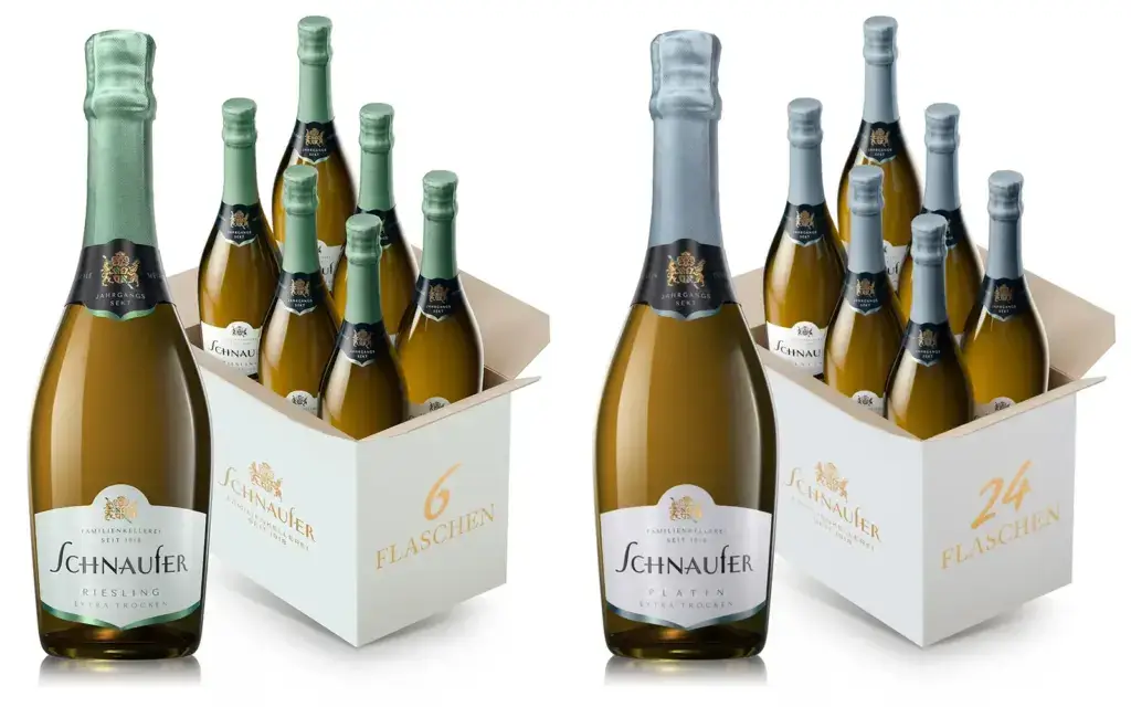 Schnaufer Riesling and Sekt in 6-bottle and 24-bottle branded box bundles — product bundle photography for Amazon listing