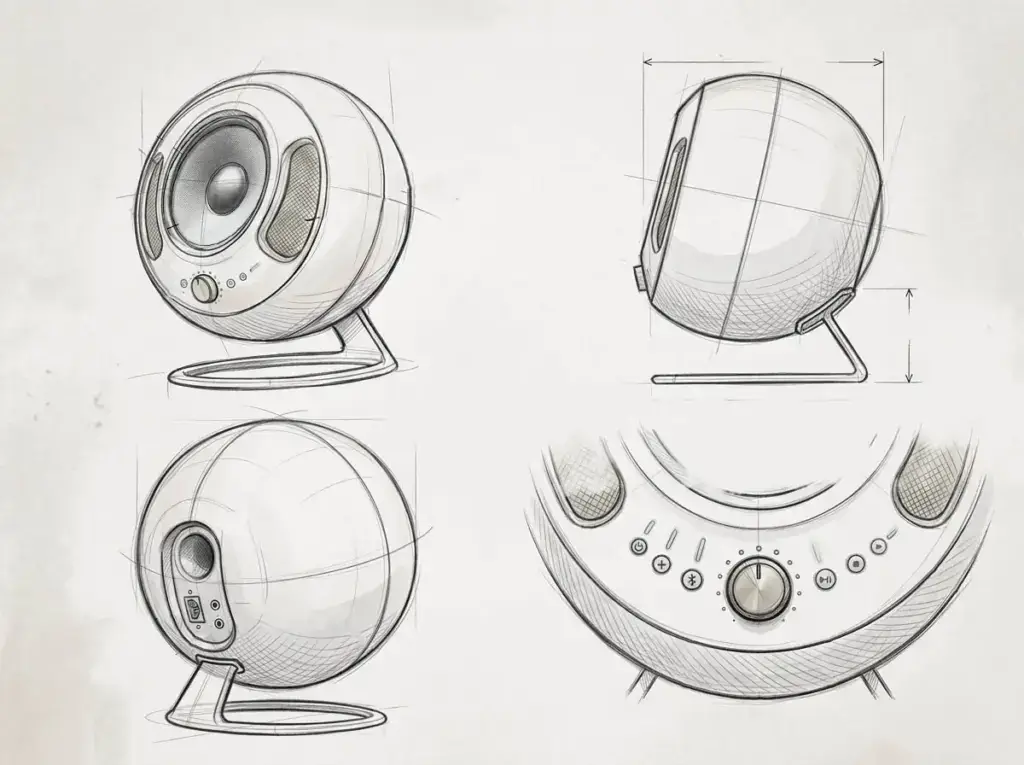 Multi-view technical sketches of a spherical speaker from four angles with dimension annotations — the kind of reference a CGI studio needs to accurately build a 3D product model
