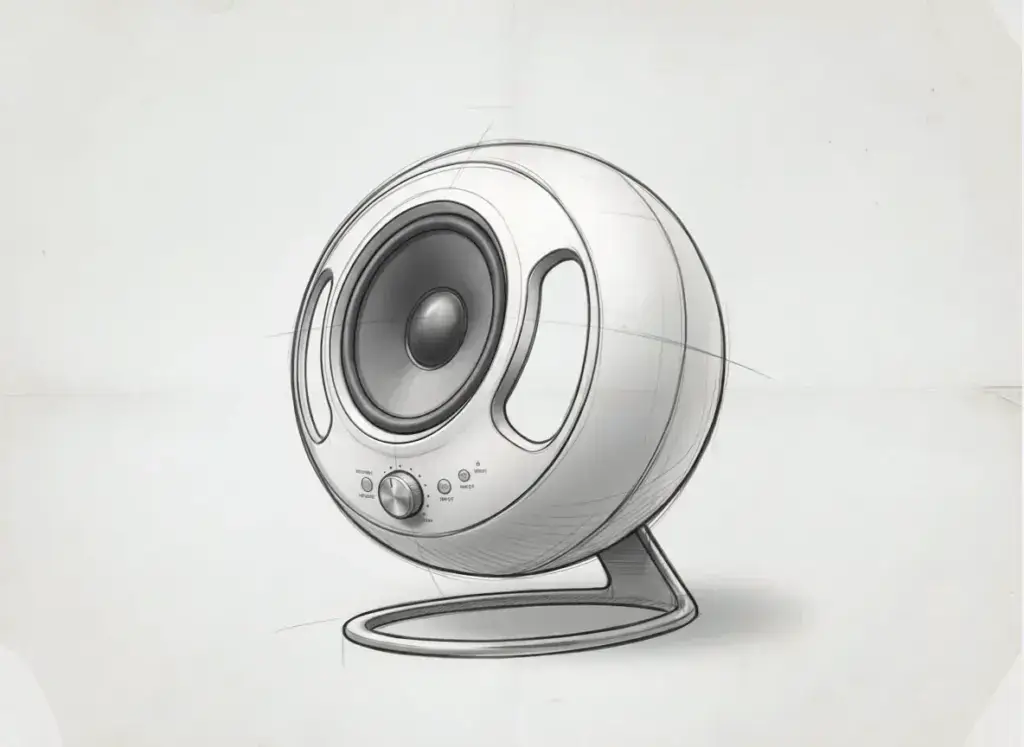 Concept sketch of a spherical speaker from hero angle — the design reference stage before CGI 3D model construction and rendering begins