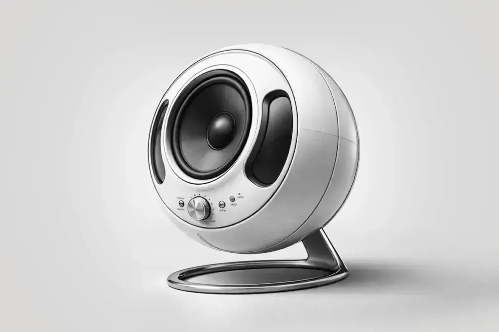 Photorealistic CGI render of a spherical speaker on a neutral studio background — the final output of a well-briefed 3D product visualization project