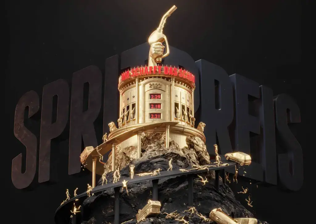 Golden fuel pump nozzle tower with price display, miniature figures and dark rocky base — Spritpreis editorial 3D artwork