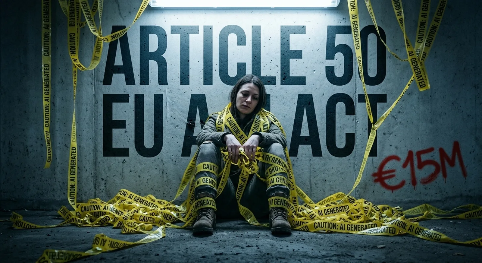 Person slumped against wall buried in yellow AI GENERATED caution tape with Article 50 EU AI Act and 15M fine on wall