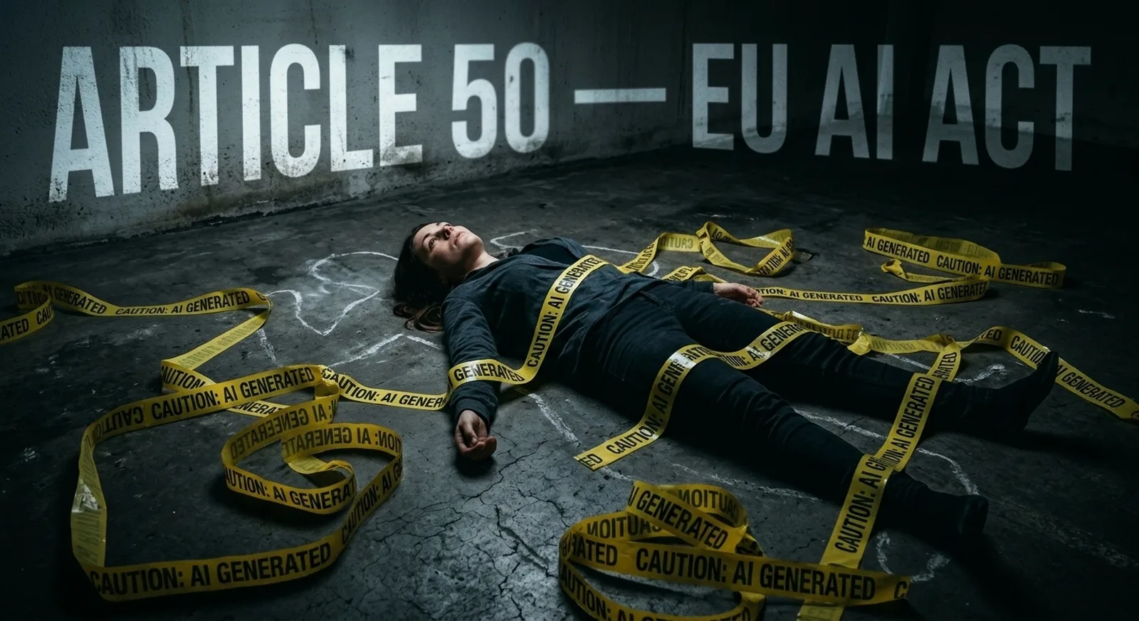 Person lying on floor surrounded by yellow AI GENERATED caution tape like a crime scene, Article 50 EU AI Act on wall