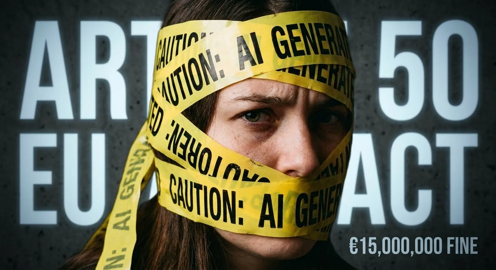 Woman with yellow caution tape reading AI GENERATED wrapped around her face, Article 50 EU AI Act text on wall behind her