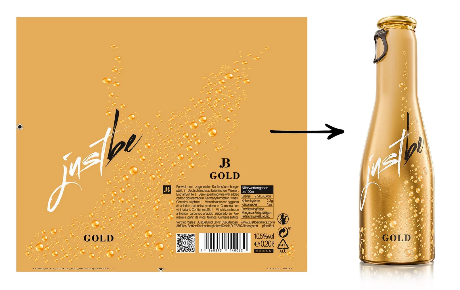 justbe Gold packaging print file on the left with full ingredient list, barcode and regulatory marks, versus the finished gold aluminium bottle product photograph on the right, demonstrating why AI packaging design commercial use still cannot replace a real dieline-to-product workflow, by Lauktien Studio