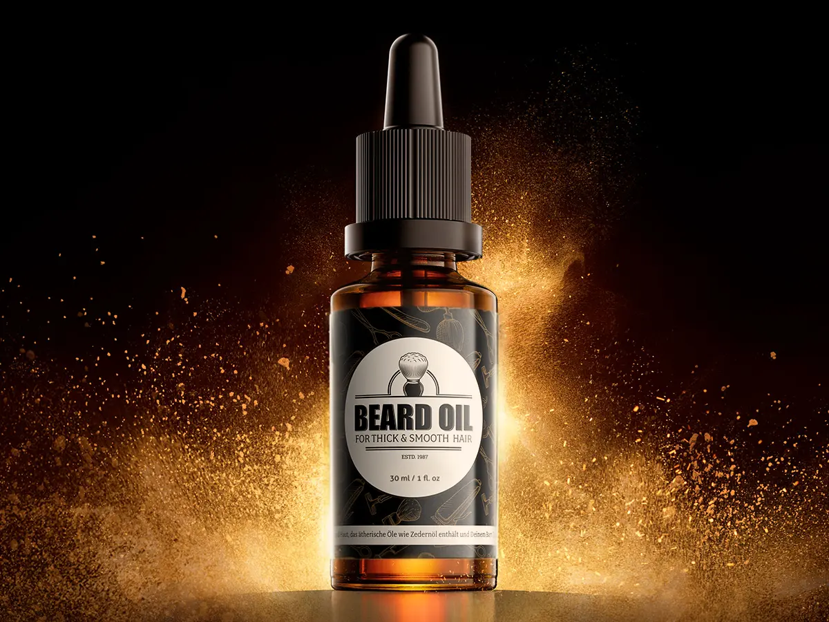 Cosmetics 3D rendering of a men's beard oil bottle with tinted glass, satin label and brushed metal cap, photoreal CGI by Lauktien Studio