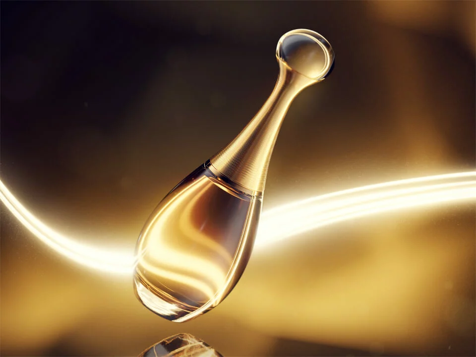 Cosmetics 3D rendering of a clear glass perfume bottle with custom HDRI lighting and faceted reflections, full CGI photography by Lauktien Studio