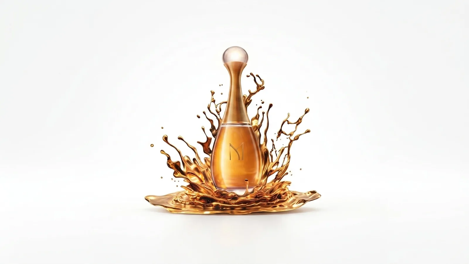 Key visual briefing template craft detail — luxury perfume bottle in liquid splash demonstrating campaign hero CGI by Lauktien Studio