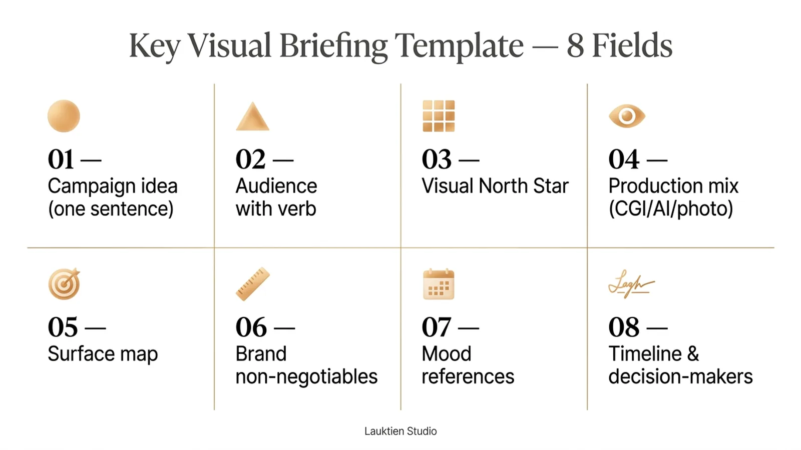 Key visual briefing template diagram — eight fields a brand should send to a key visual agency in 2026 by Lauktien Studio